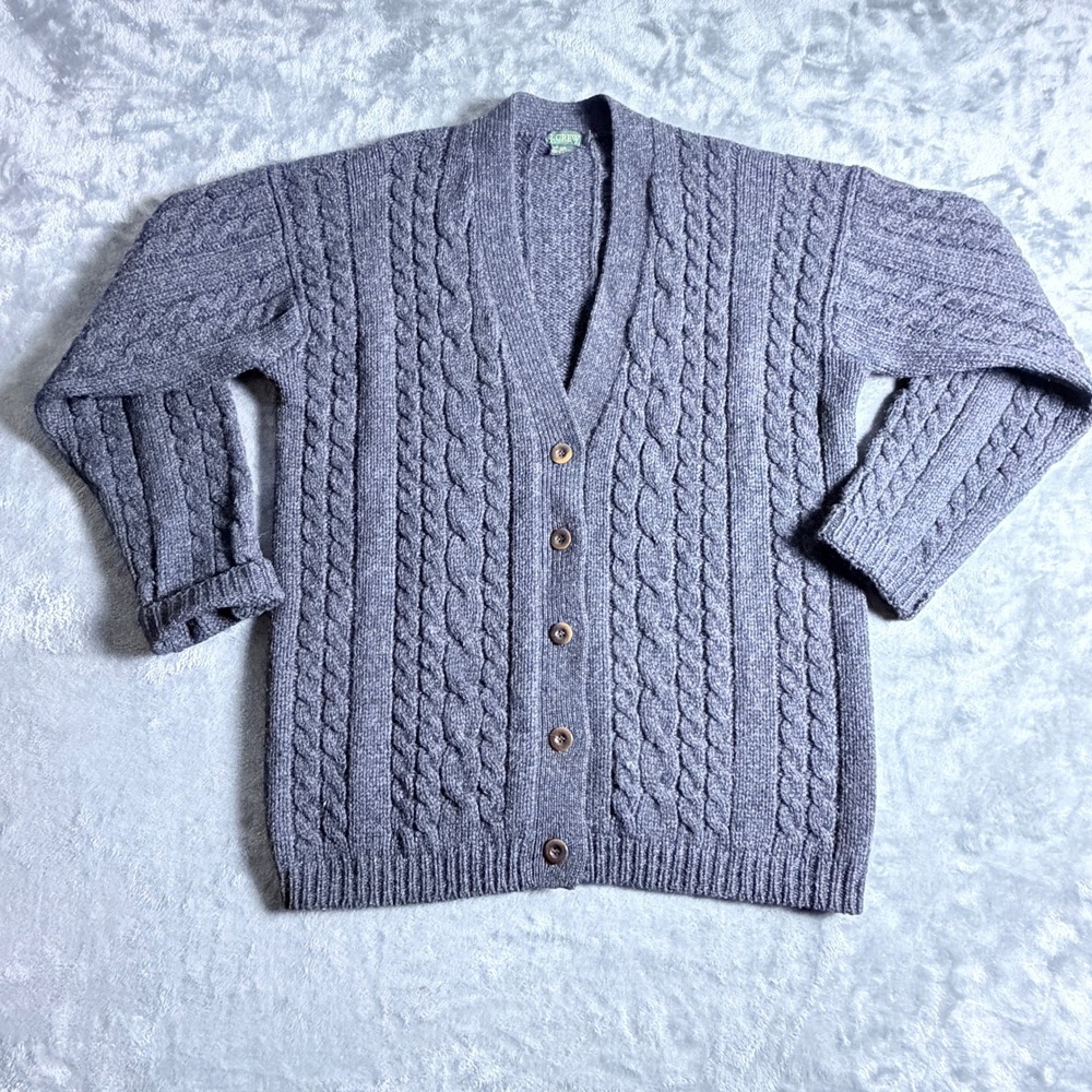 J.Crew Vintage 100% Shetland Wool Cable Knit Cardigan Button Grey SZ Large *HOLE